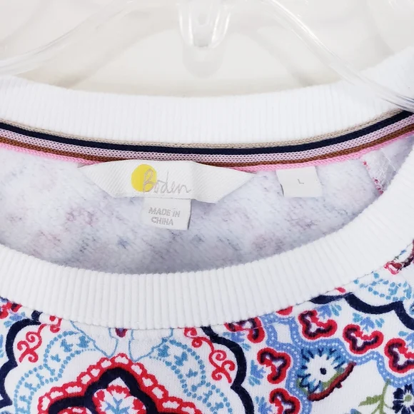 BODEN Sweatshirt Paisley Print Red White Blue Large Pullover Crew Crop Sweater - Picture 5 of 5